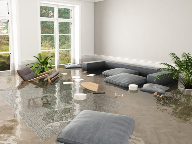3d rendering. flood in brand new apartment.