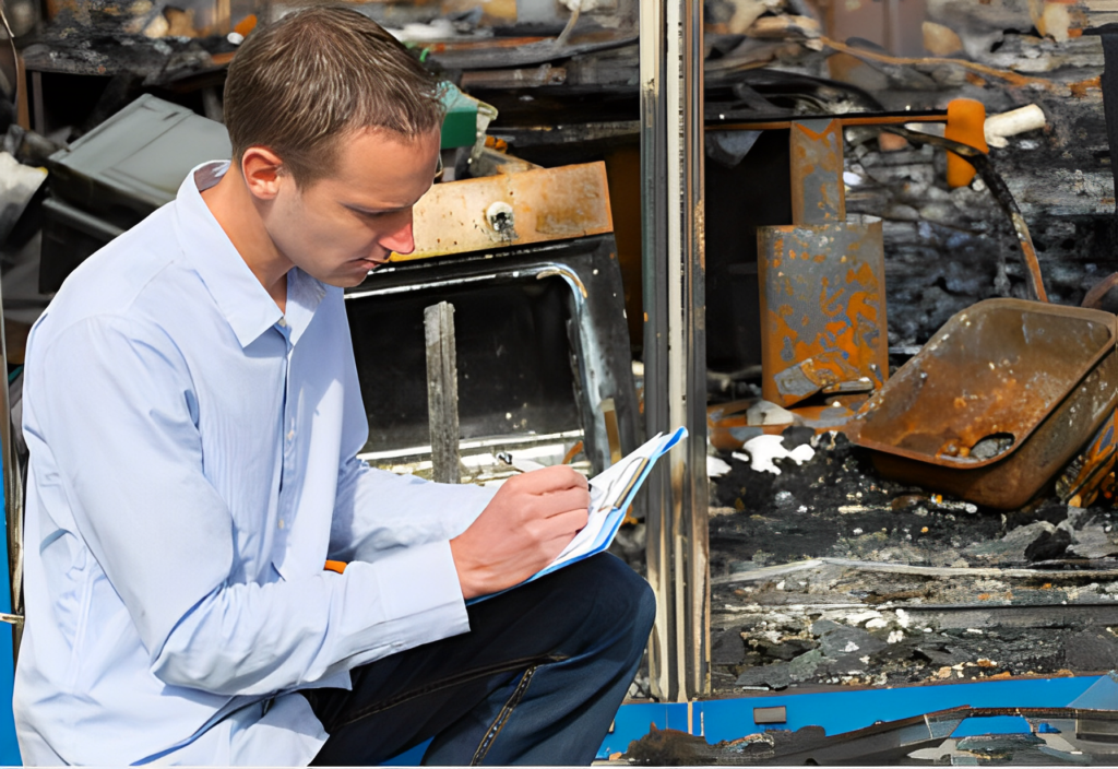 Insurance adjuster inspecting fire-damaged property
