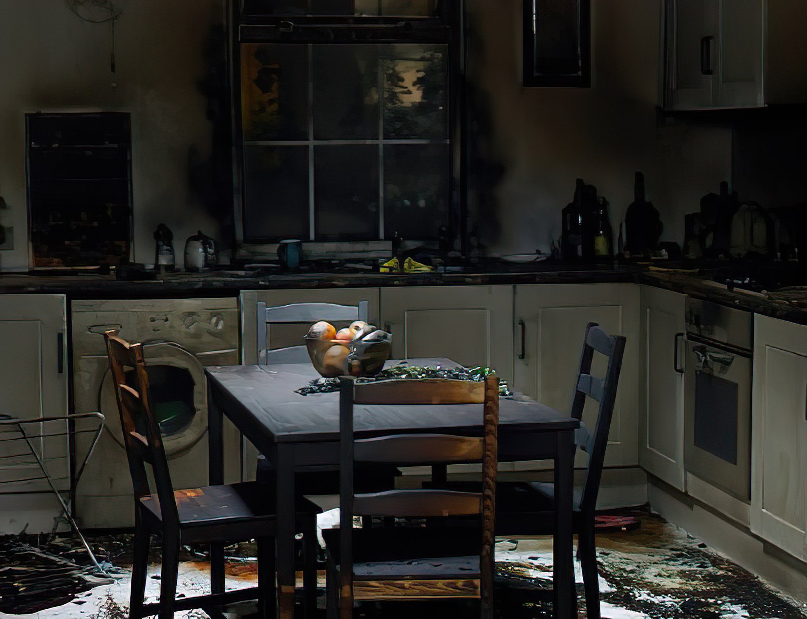 Soot stains on a table and chairs after a house fire