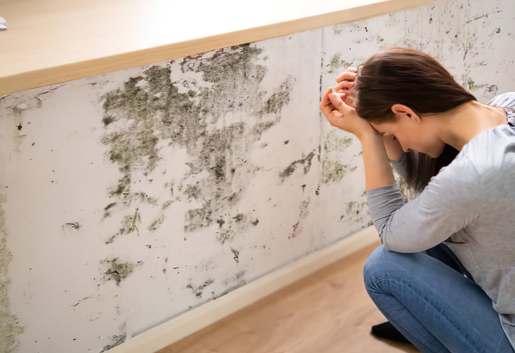 Homeowner examining mold damage on an interior wall
