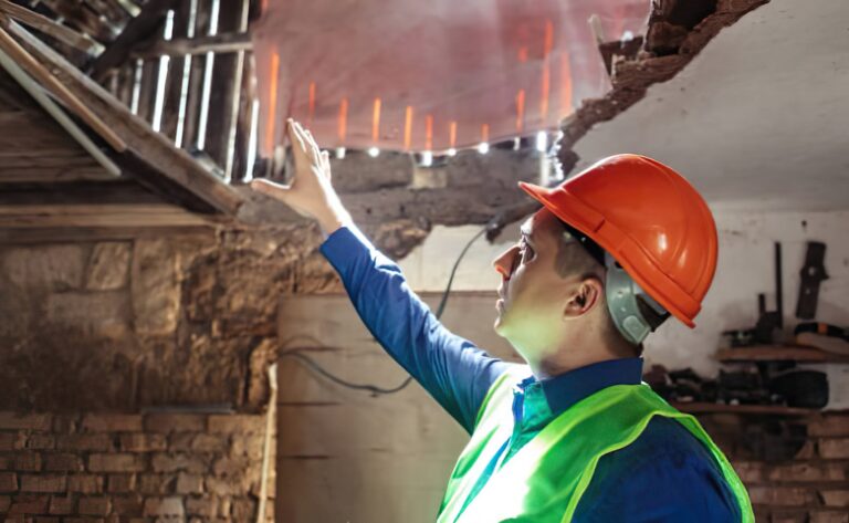 Fire damage contractor inspecting fire-damaged walls in a home