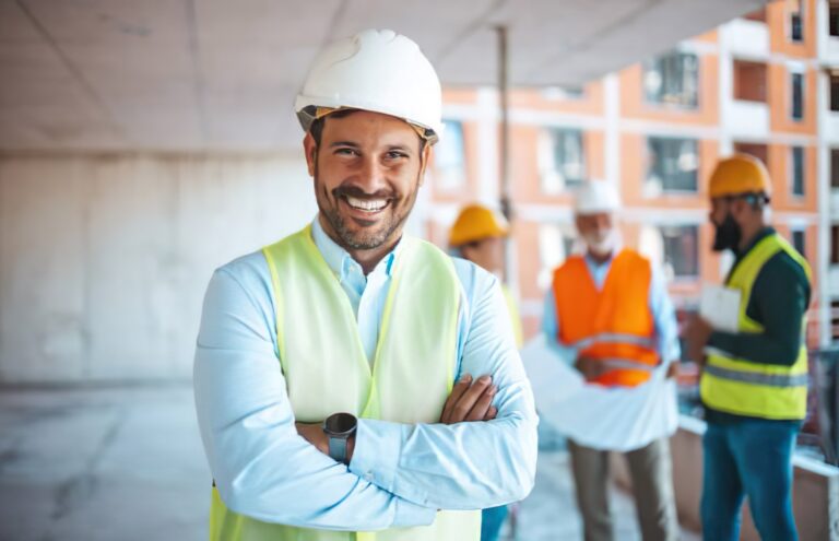 Smiling contractor on a safe, organized demolition site
