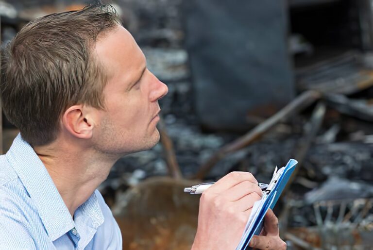 Insurance adjuster documenting fire board up service