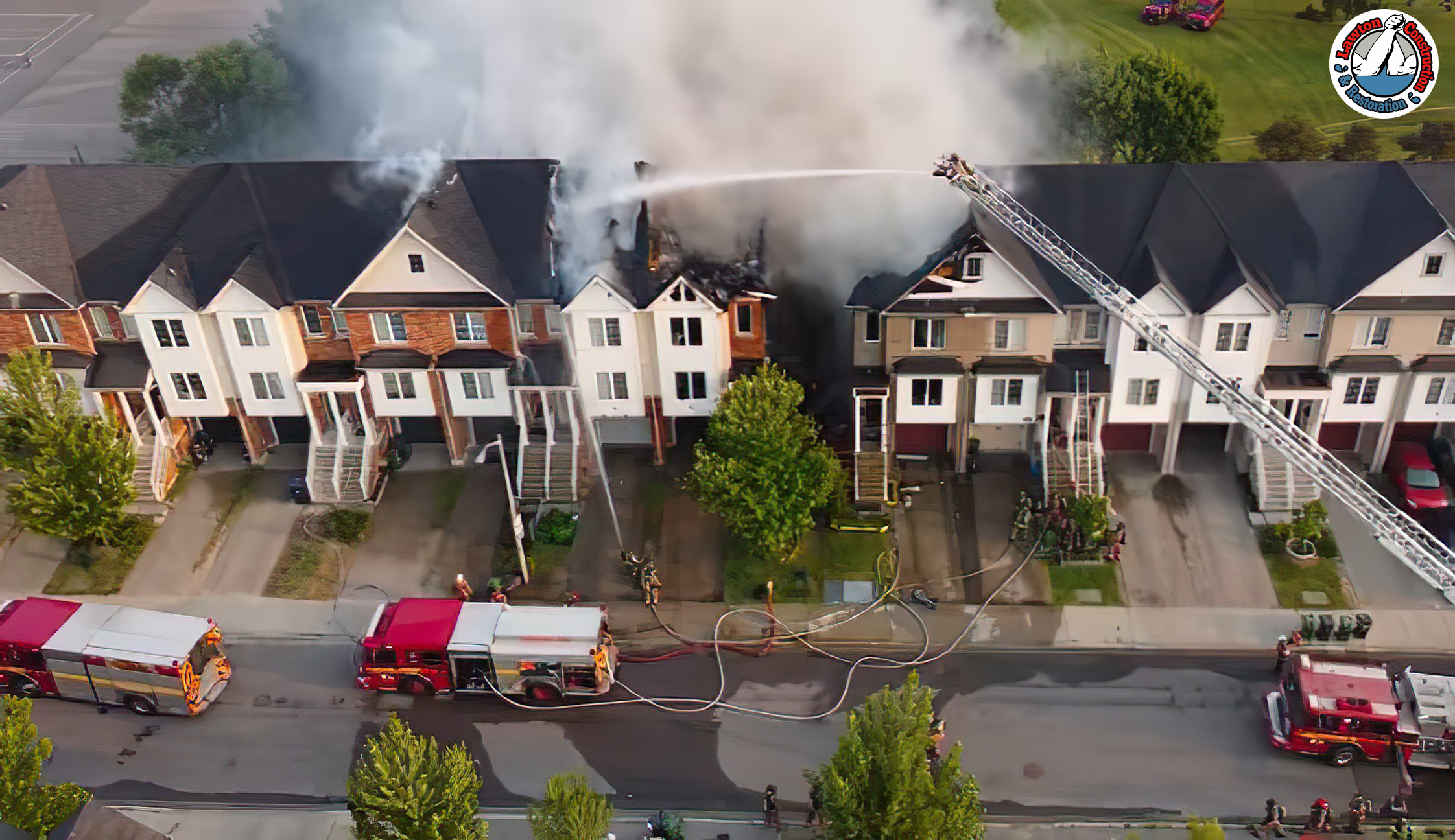 Residential property after fire damage being assessed by emergency responders