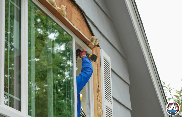 Technician boarding up a fire-damaged window with plywood