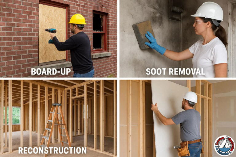 Collage of fire restoration services including board-up, soot removal, and reconstruction