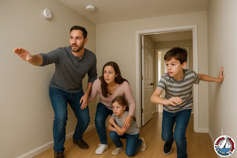 Family practicing fire escape plan with smoke detectors visible