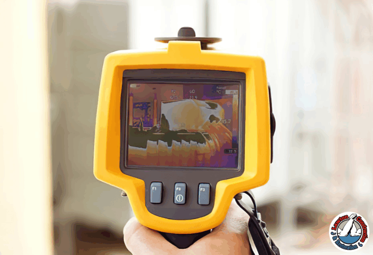 Technician using infrared camera to detect moisture inside a wall