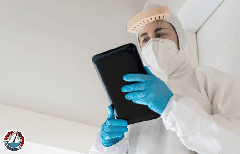 Technician conducting air quality test after mold remediation