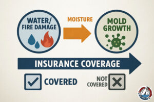 Infographic illustrating mold growth after water and fire damage and insurance coverage basics