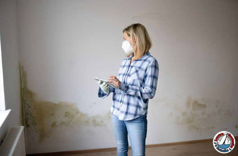 Homeowner documenting water damage with smartphone before filing mold remediation insurance claim
