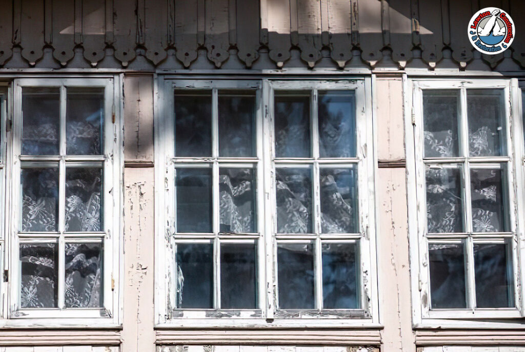 Lead-based paint peeling on an old window frame