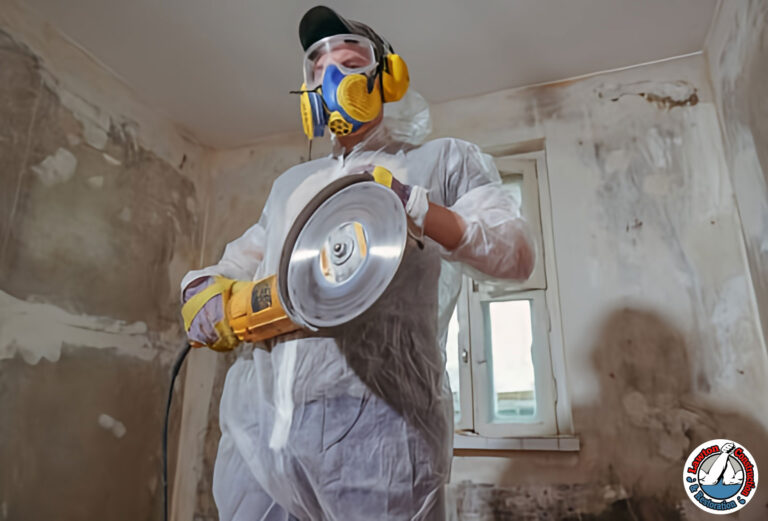 Lead abatement professional removing lead-based paint in a protective suit.