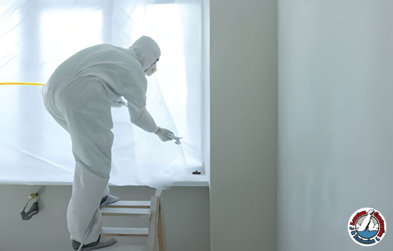 Lead abatement workers sealing off a room with plastic sheeting and warning signs