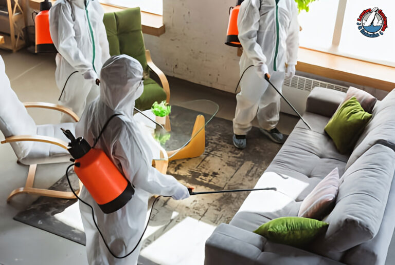 Team of lead abatement professionals using HEPA vacuums and safety gear in a residential home