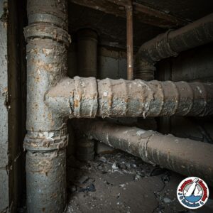 Damaged asbestos-wrapped pipes in an older California home after water exposure from freezing or burst pipes