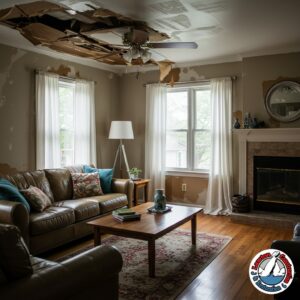 Living room with ceiling and wall damage caused by storm-related water intrusion after heavy rain