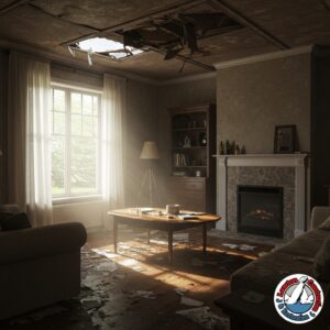 Water damage inside a Sacramento home with a collapsed ceiling and debris on the floor after a leak