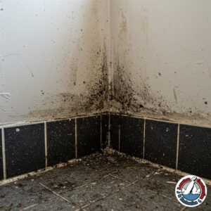 Black mold growing in a bathroom corner after water damage in a Sacramento home