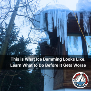ce dam with large icicles forming at the roofline of a Truckee, CA home after heavy snowfall