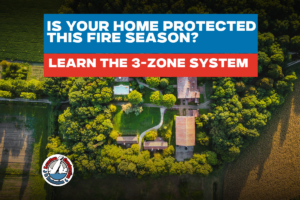 Aerial view of a Northern California home surrounded by cleared defensible space buffer zones — Zone 0, Zone 1, and Zone 2 wildfire protection